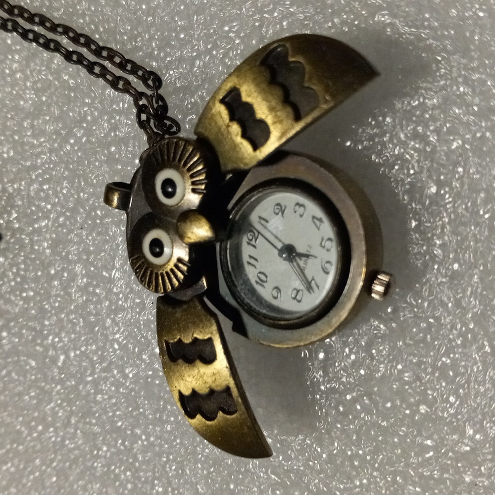 Antique Style Bronze Owl Watch Pendant Necklace